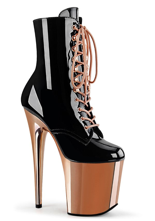 Flamingo-1020 Patent Black & Rose Gold Chrome Platform Ankle Boots [Preorder]
