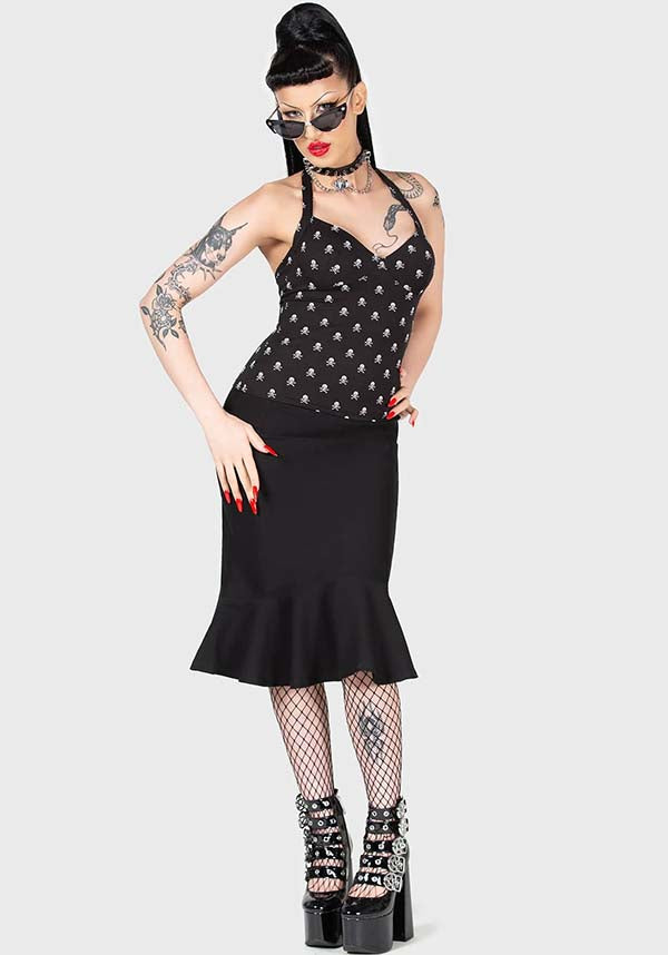 Flipped Halter Top - Fashionable Women's Stretch Halter Neck Top with Skull Print