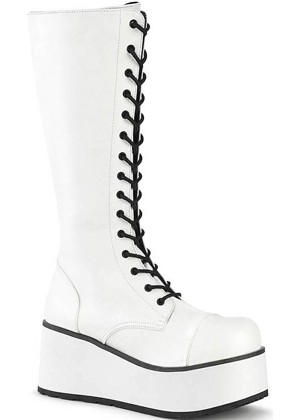 PRE-ORDER: White Demonia TRASHVILLE-502 Platform Knee High Lace-Up Boots