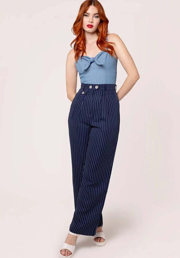 Hell Bunny Costello Navy Wide-Leg Retro Pinstripe Pants