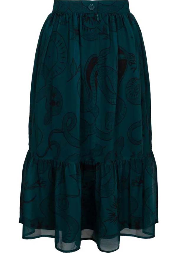 Hell Bunny Dark Green Venom Chiffon Midi Skirt with Snake & Star Prints
