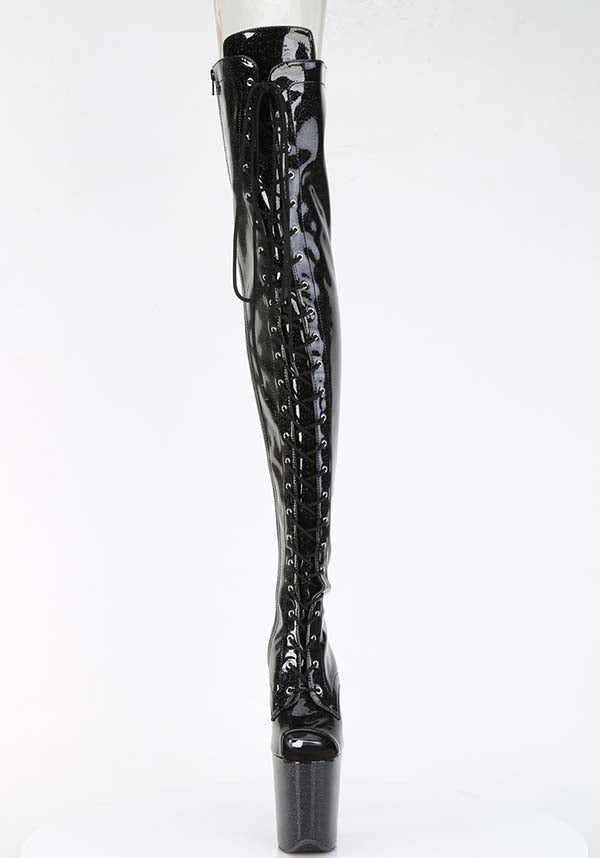Flamingo-3021GP Black Glitter Platform Thigh High Pre-order Peep Toe Lace-Up Boots