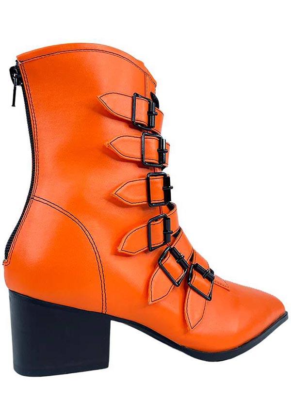 Strangecvlt Orange Vegan Leather Coven Boots - Bold and Comfortable Footwear