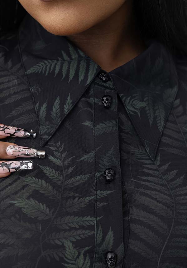 Equinoxx Fern Print Stretch Shirt Dress with Skull Button Detail