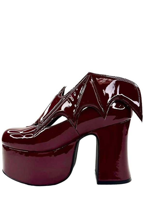 YRU Oxblood Vegan Platform Heels with Bat Wing Detail