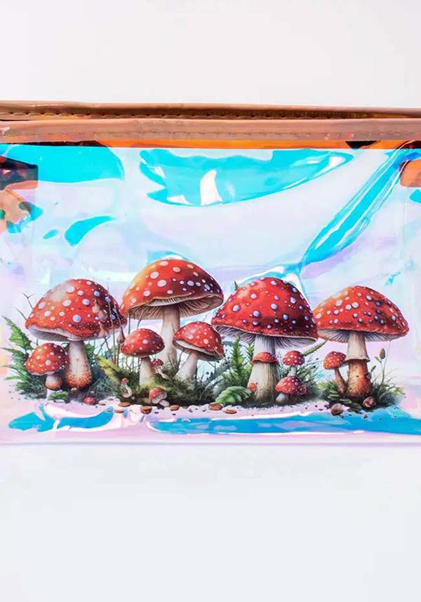 Enchanting Holographic Cosmetic Bag with Cute Red Cap Mushroom Print