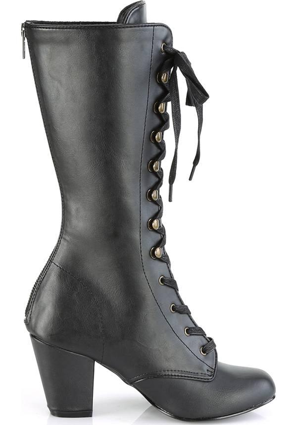 VIVIKA-205 Black Pre-order Mid-Calf Round Toe Lace-Up Boots by Demononia