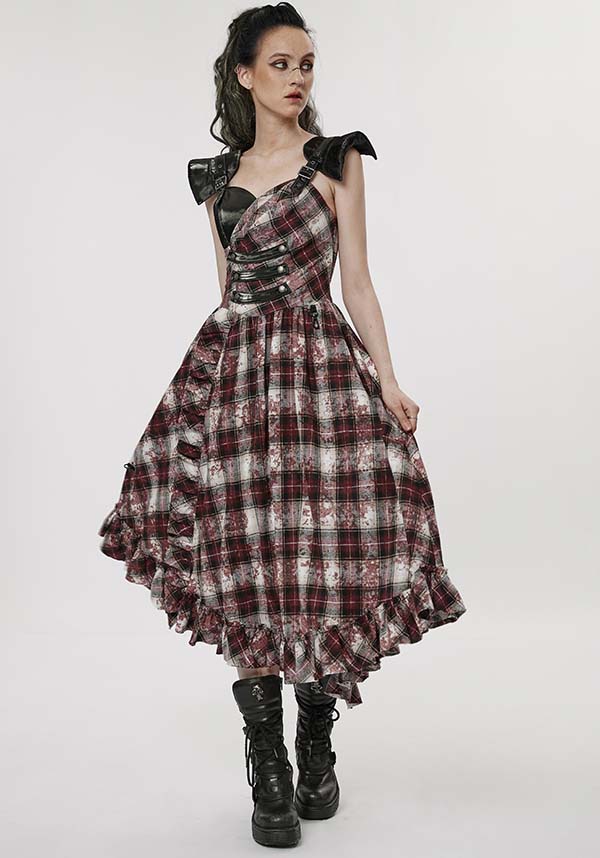 Punk Rave's Striking Danika Red Tartan MIDI Women's Dress for Edgy Fashion Lovers