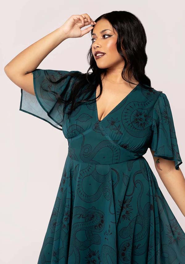 Hell Bunny Dark Green Venom MIDI Dress with Snake and Star Print