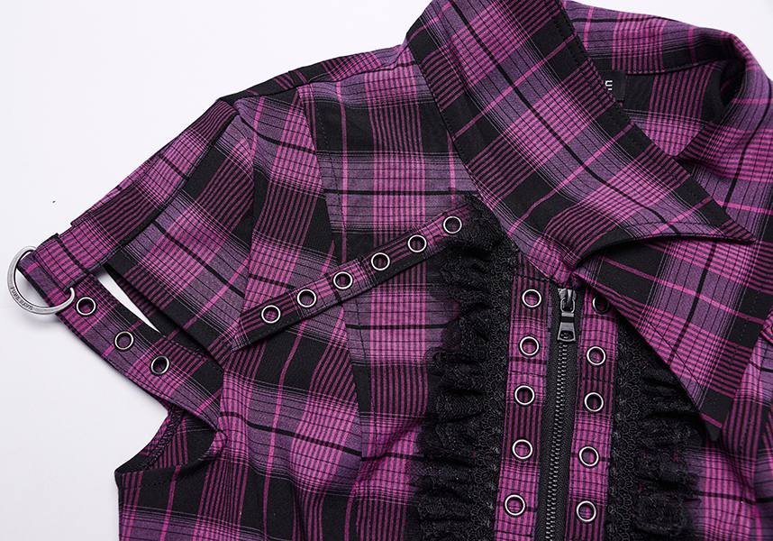 Magenta and Black Uriah Tartan Shirt with Delicate Lace Detailing