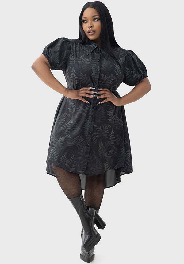 Equinoxx Fern Print Stretch Shirt Dress with Skull Button Detail