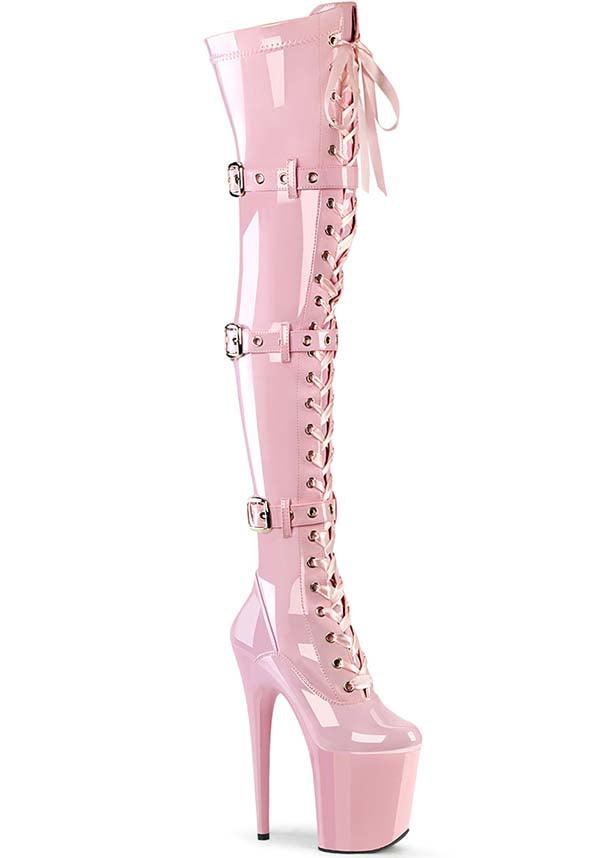 Flamingo-3028 Baby Pink Patent Platform Thigh High Boots for Preorder