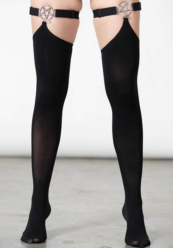 Fiendish Adjustable Hold - Up Stretch Stockings with Metal Pentagram Hardware