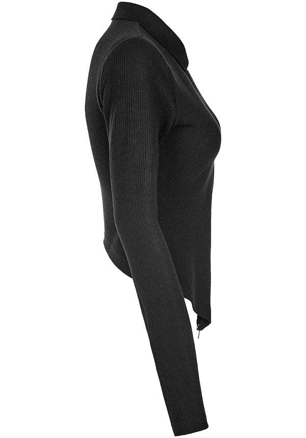 Elastic Knit Long-Sleeve Top with Dagger Embroidery