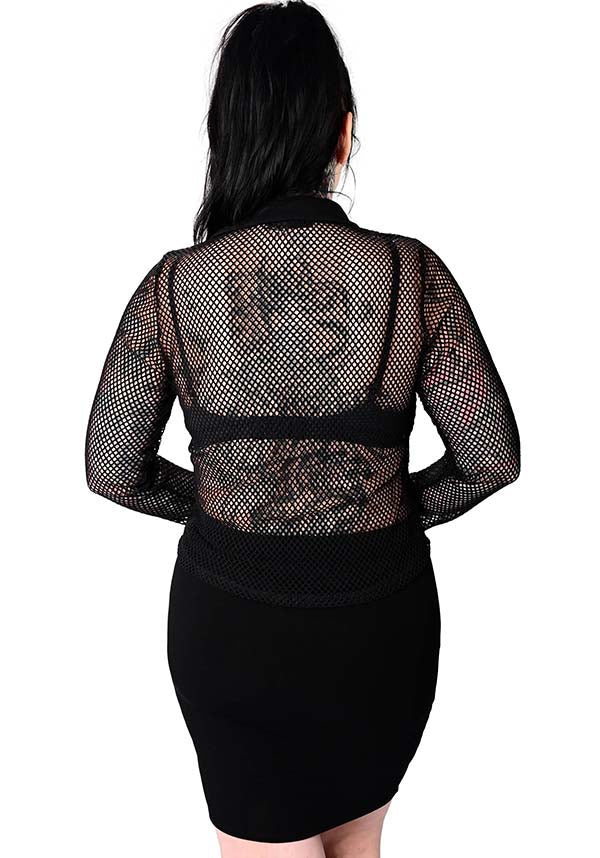 Black Fishnet Long Sleeve Button Up Shirt for Layering