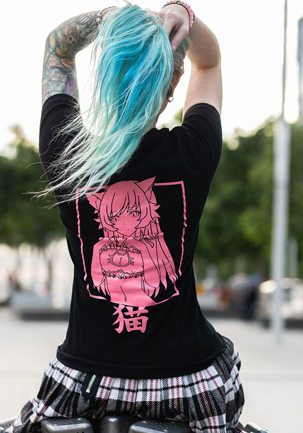 Adorable Neko Girl Manga Style UwU Pink Text Tee