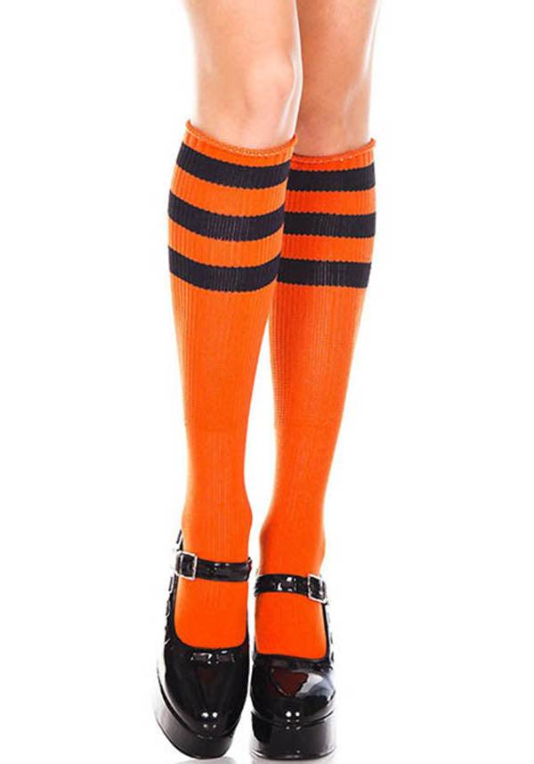 Music Legs Orange and Black Triple Stripe Knee High Socks for Halloween