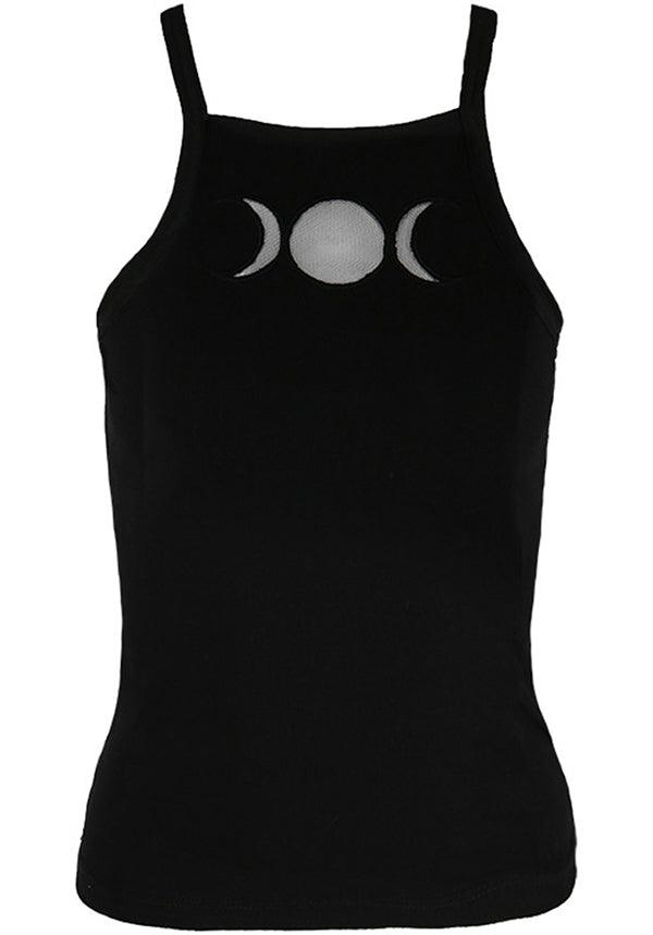 Triple Goddess Black Gothic Top with Moon Phase Mesh Cut-Outs