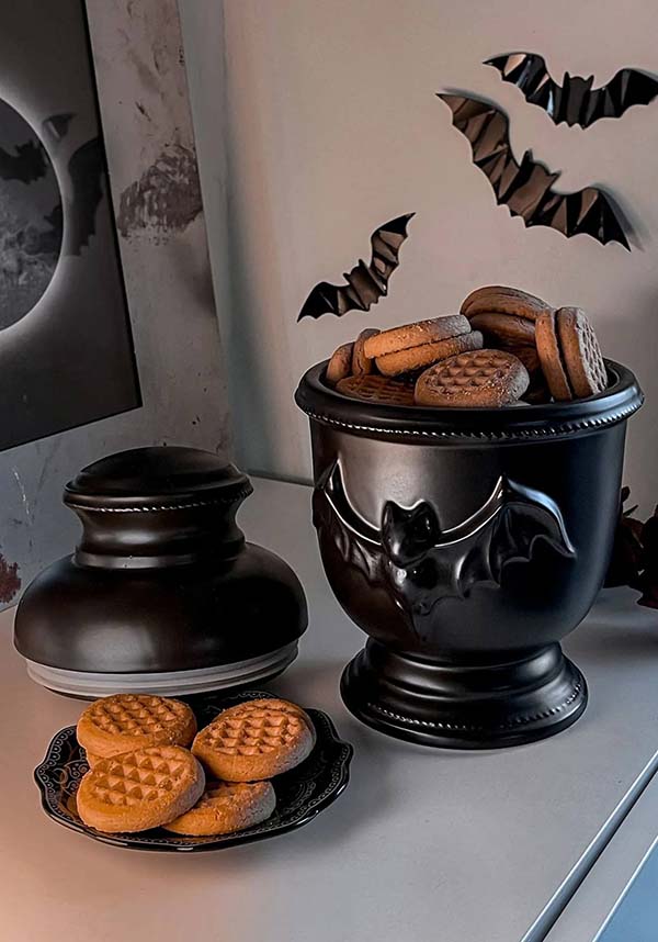 Matte Finish Crypt Style Ceramic Cookie Jar with Intricate Details