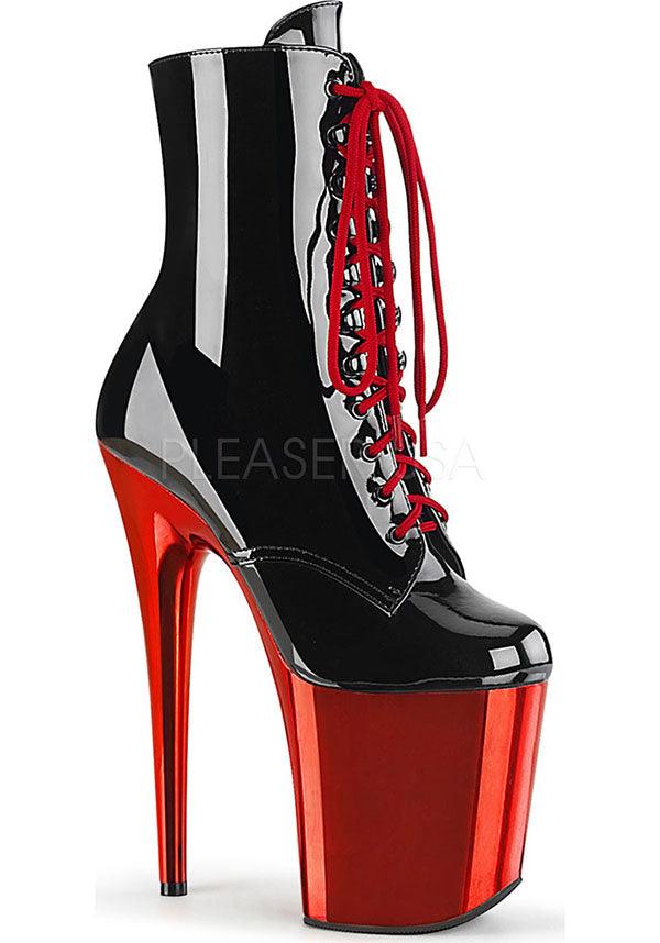 PREORDER: FLAMINGO-1020 Patent Black and Red Chrome Platform Ankle Boots for Stylish Fashion