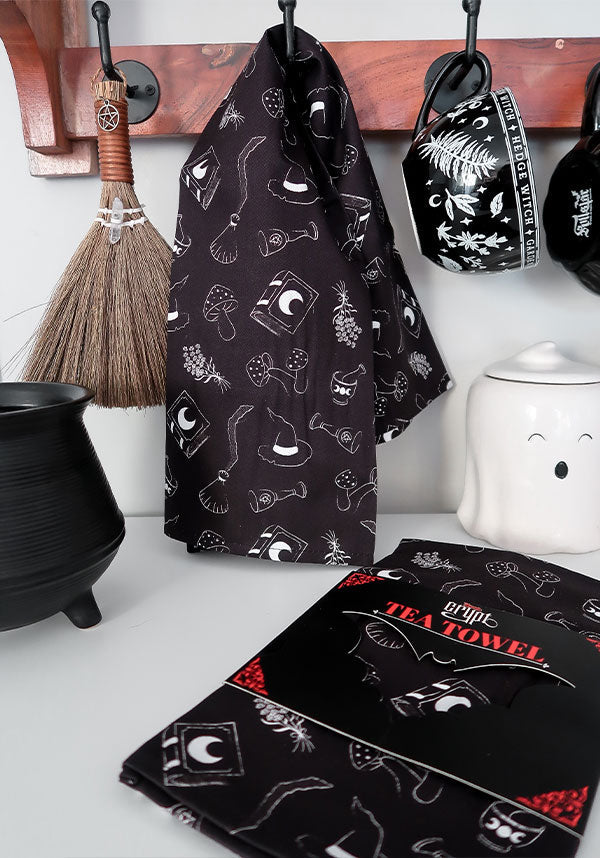 Enchanting Cottage Witch Design Tea Towel for Kitchen Use