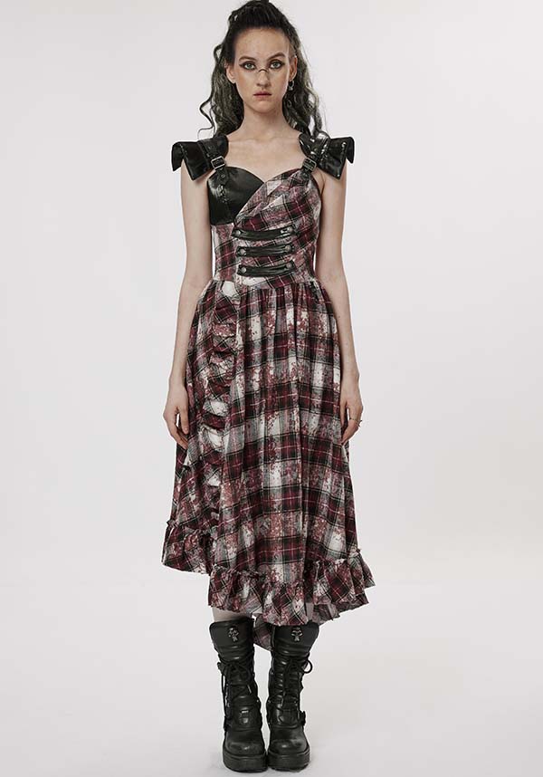 Punk Rave's Striking Danika Red Tartan MIDI Women's Dress for Edgy Fashion Lovers