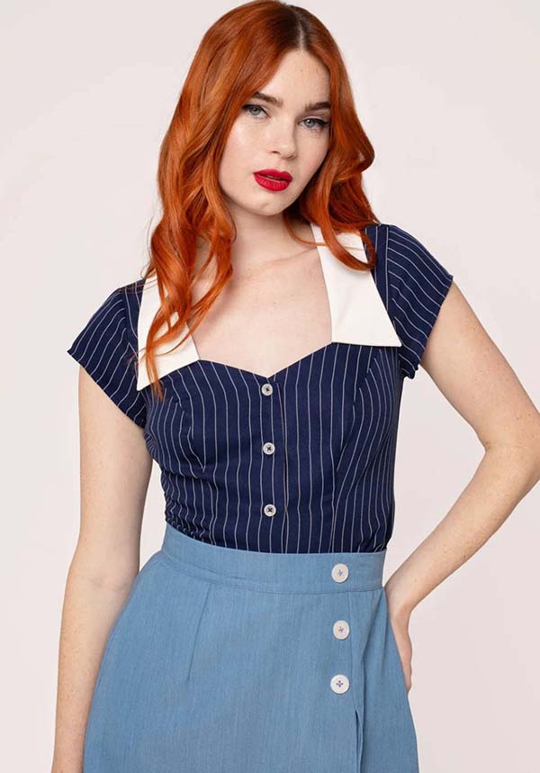 Hell Bunny Costello Retro Navy and White Pinstriped Top for a Timeless Look
