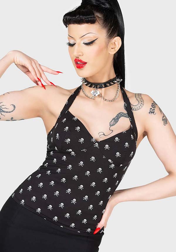 Flipped Halter Top - Fashionable Women's Stretch Halter Neck Top with Skull Print