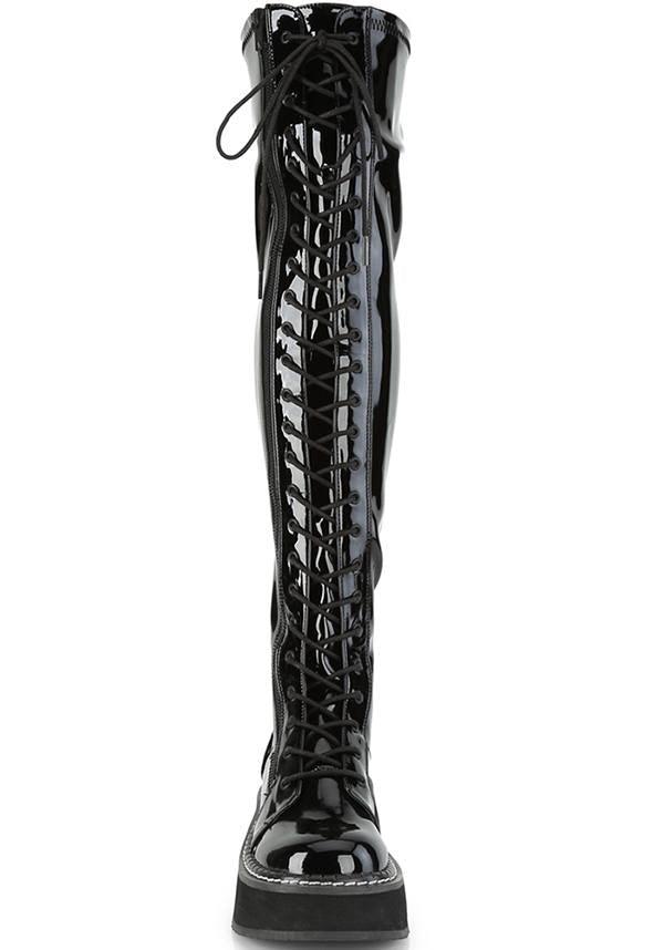 EMILY-375 Thigh-High Lace-Up Boots in Black Patent Leather - Preorder Available