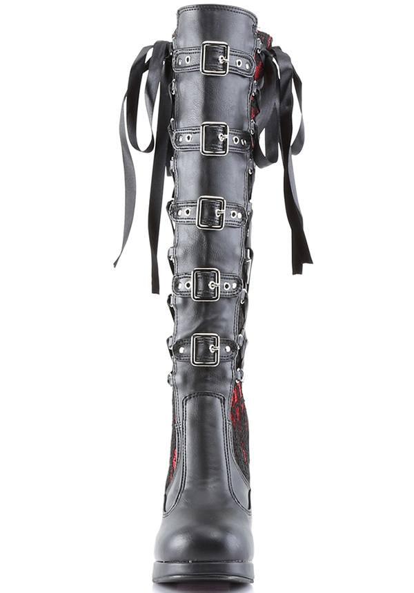 Preorder Demonia Crypto-106 Knee High Boots in Black/Red