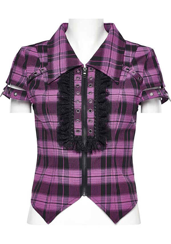 Magenta and Black Uriah Tartan Shirt with Delicate Lace Detailing