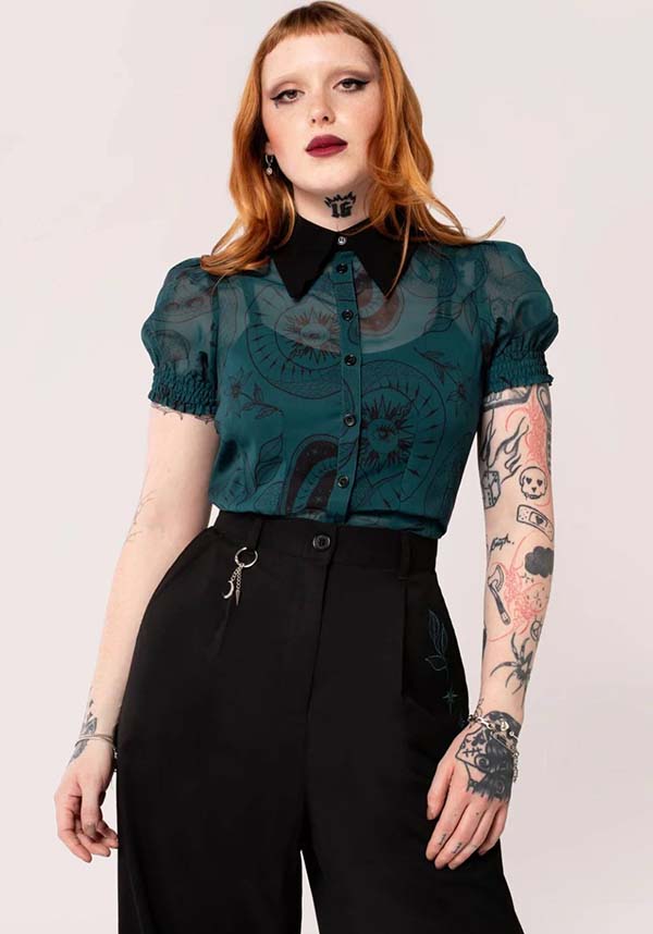 Hell Bunny Dark Green Venom Chiffon Top with Snake & Star Prints