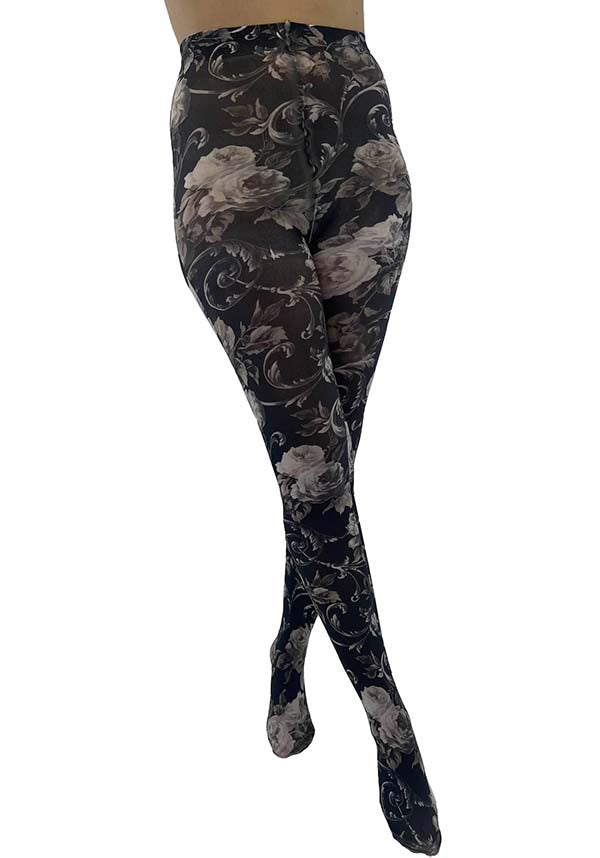 Pamela Mann Twilight Floral Printed Tights in Black and White Color Scheme