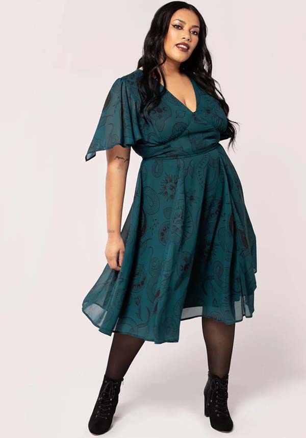 Hell Bunny Dark Green Venom MIDI Dress with Snake and Star Print