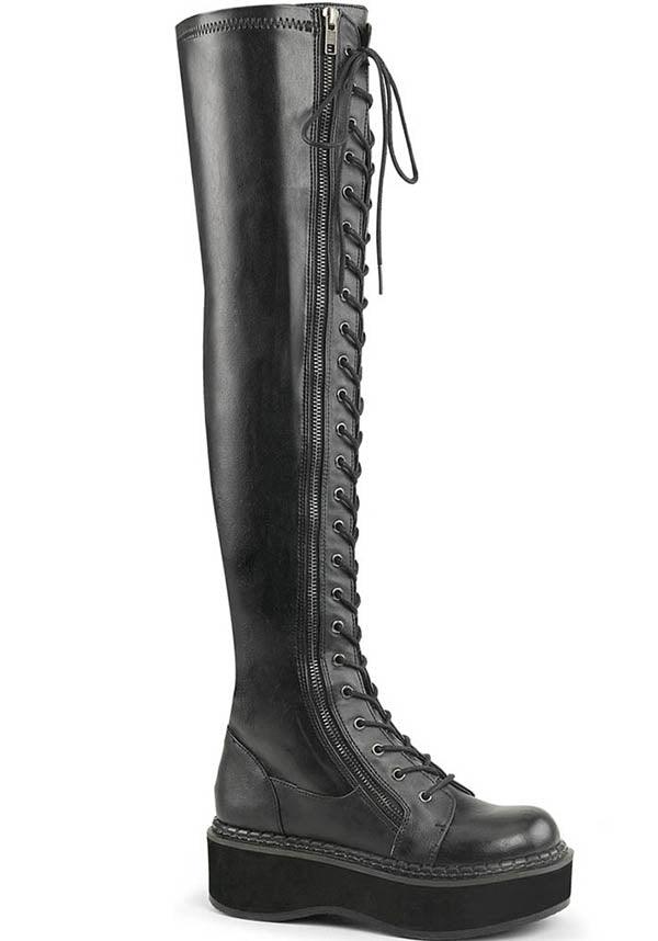 Emily-375 Black Thigh-High Lace-Up Boots - Preorder Available