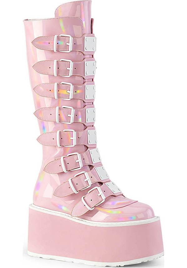 PREORDER: DAMNED-318 Platform Boots in Pink Holo Patent