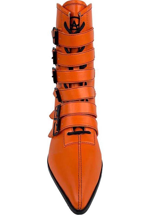 Strangecvlt Orange Vegan Leather Coven Boots - Bold and Comfortable Footwear