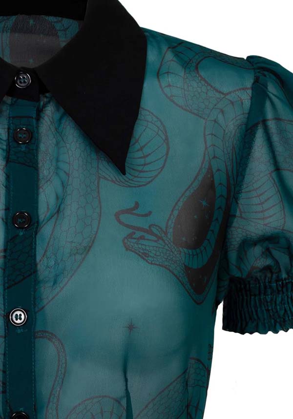 Hell Bunny Dark Green Venom Chiffon Top with Snake & Star Prints