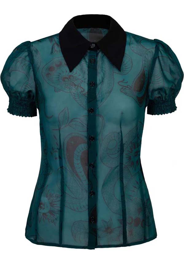 Hell Bunny Dark Green Venom Chiffon Top with Snake & Star Prints