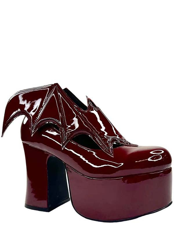 YRU Oxblood Vegan Platform Heels with Bat Wing Detail