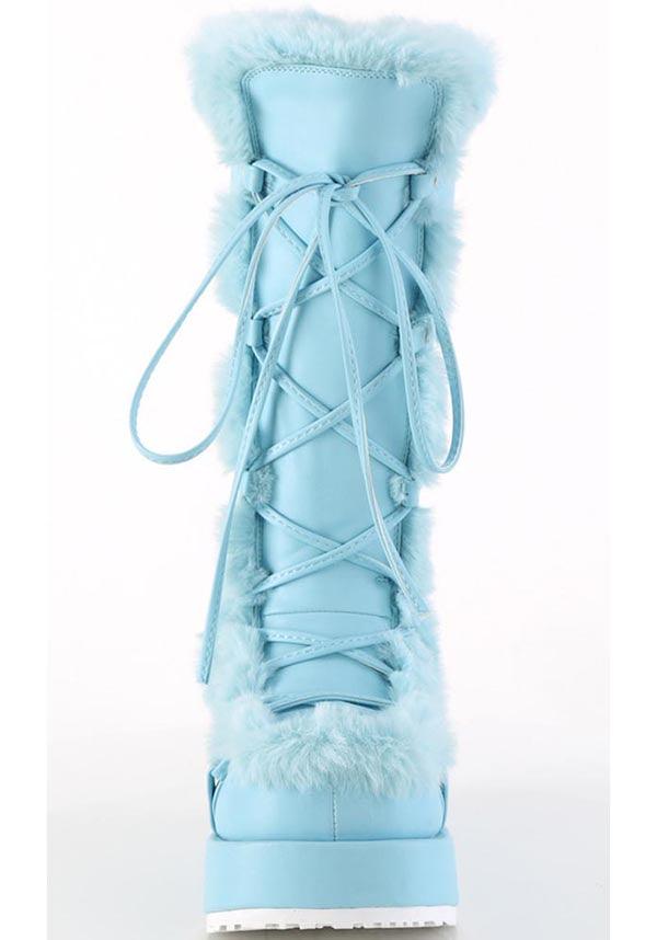 Demonia CUBBY - 311 Mid - Calf Platform Boots in Blue Vegan Patent Leather [Pre - Order]
