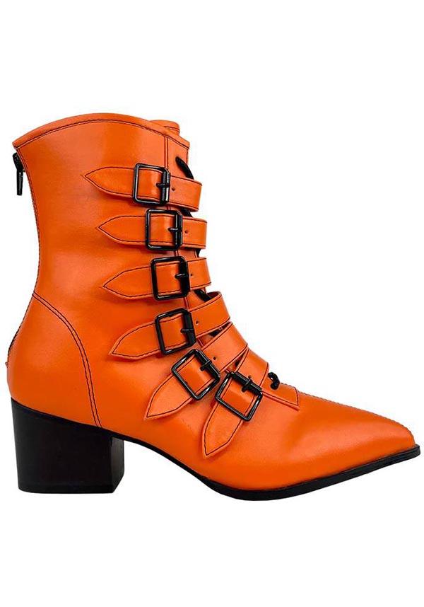 Strangecvlt Orange Vegan Leather Coven Boots - Bold and Comfortable Footwear