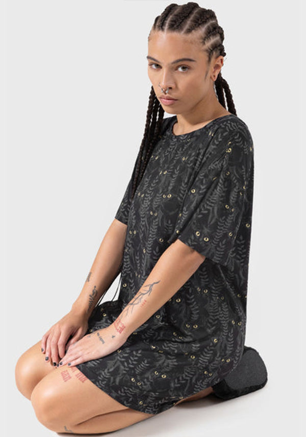 Familiar Woods Themed Cat Print Short Sleeve Mini T-Shirt Dress
