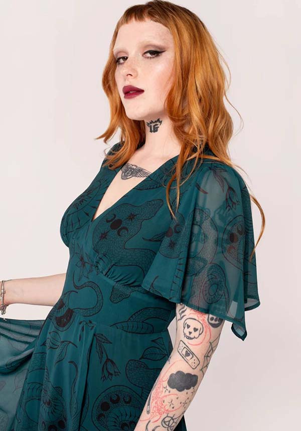 Hell Bunny Dark Green Venom MIDI Dress with Snake and Star Print