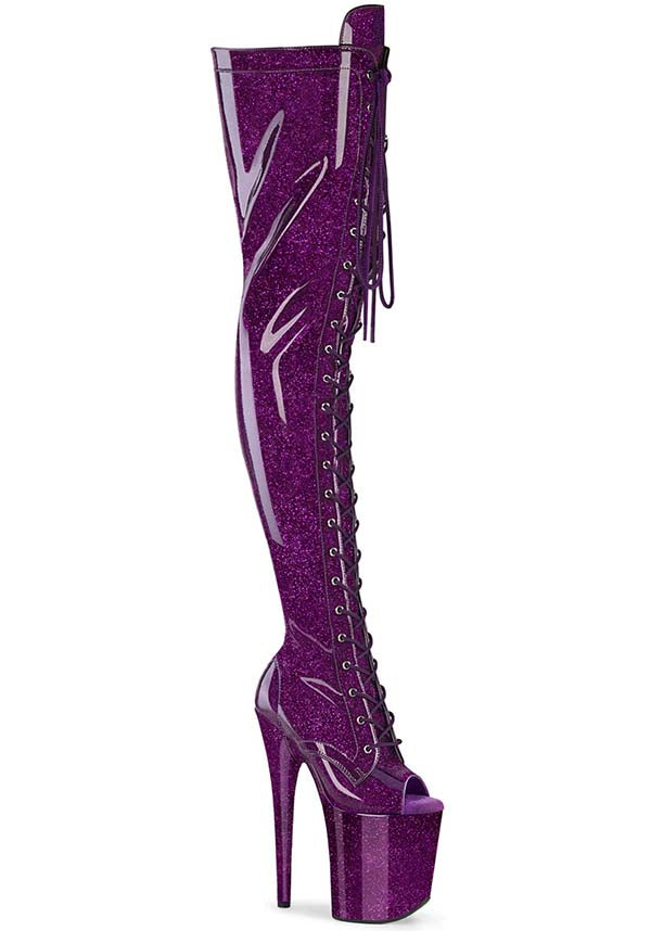 PREORDER: Flamingo-3021GP Purple Glitter Platform Thigh High Boots