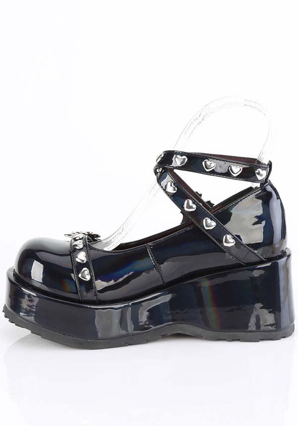 Demonia CUBBY-25 Flats in Black Holo Patent - Preorder
