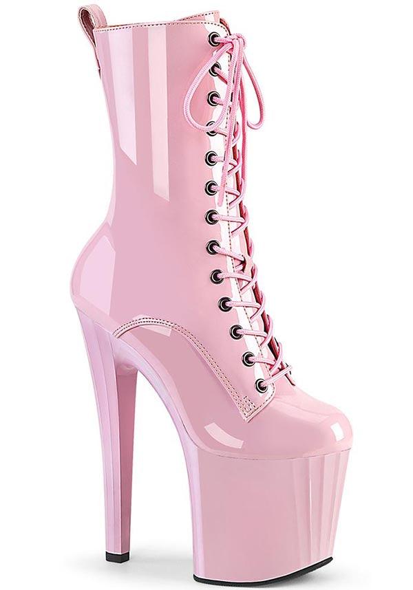 PREORDER: ENCHANT-1040 Baby Pink Platform Heel Lace-Up Mid Calf Boots