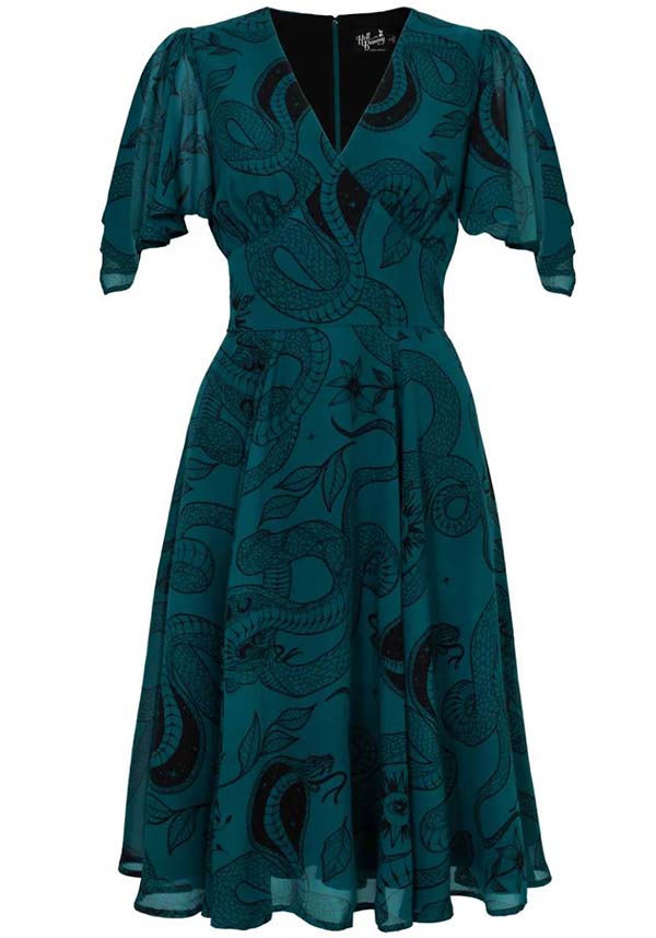 Hell Bunny Dark Green Venom MIDI Dress with Snake and Star Print
