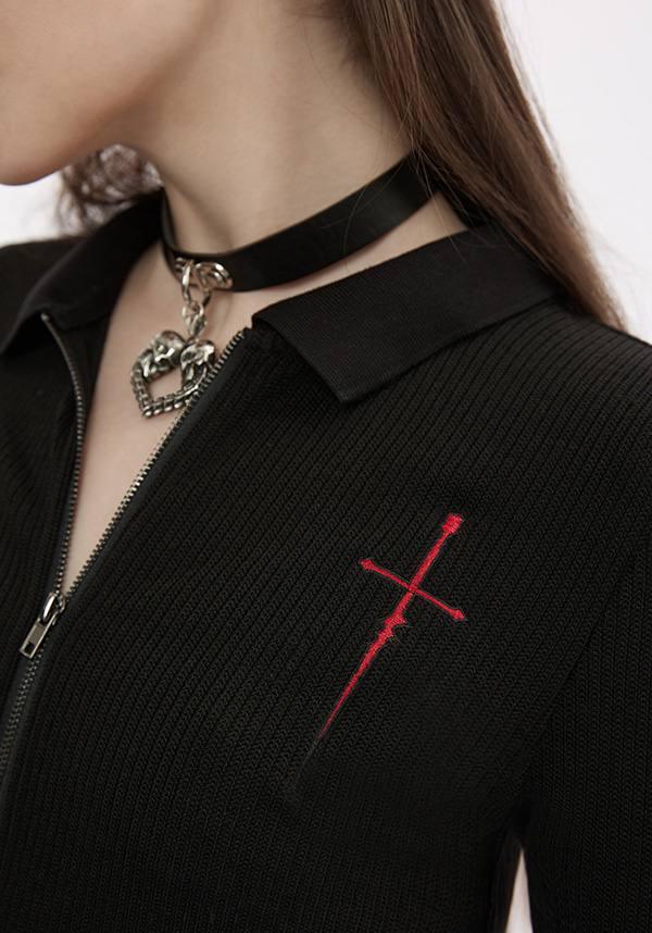 Elastic Knit Long-Sleeve Top with Dagger Embroidery