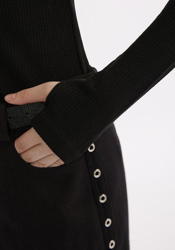 Elastic Knit Long-Sleeve Top with Dagger Embroidery